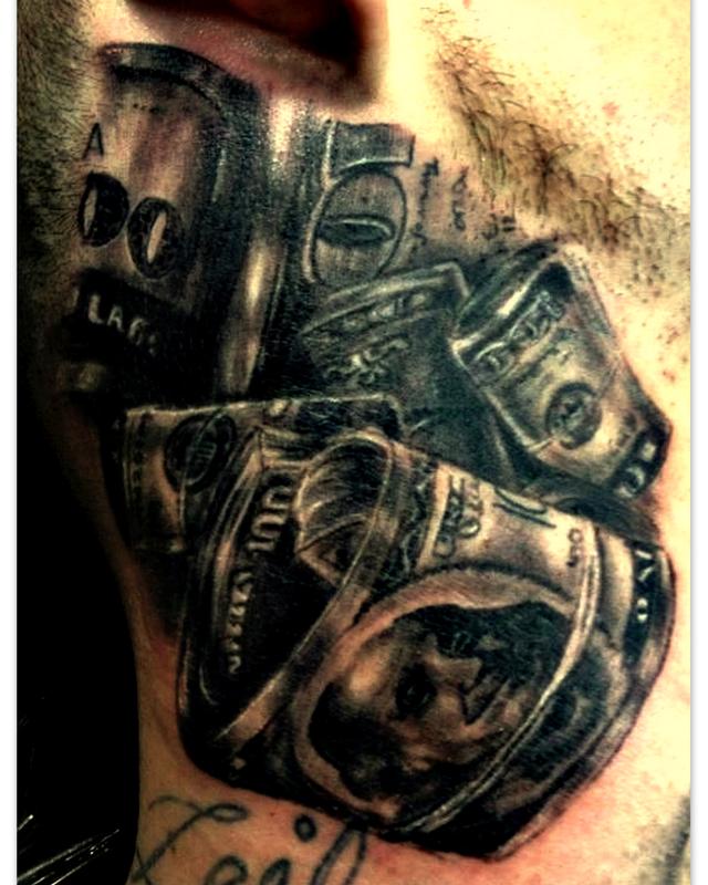 black and grey money tattoo on neck by Haley Adams Tattoos